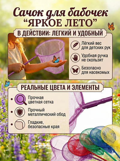 Сачок для бабочек «Яркое лето» 90 см d-20 см