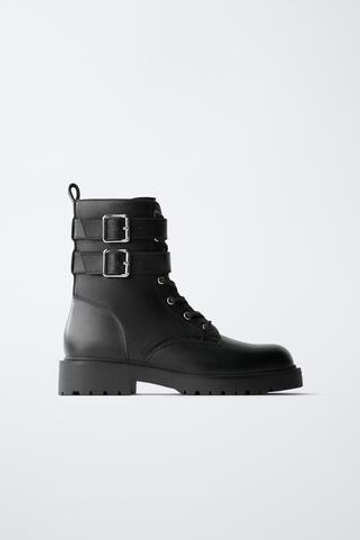 ZARA КОЖАНЫЕ САПОГИ С ДВОЙНОЙ ПРЯЖКОЙ, ЧЕРНЫЙ