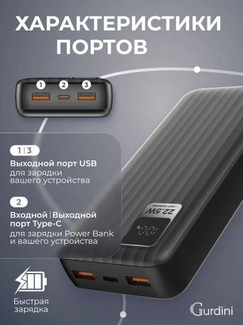 Дополнительный аккумулятор Gurdini Speed Series PD+LCD+Cable (L/C) 22.5W GPDS-02B 20000 mAh Черный