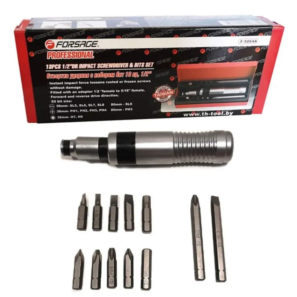 Отвертка ударная с набором бит и адаптером,13пр 1/2''(F)х5/16''(F) (PH 1,2,3,4х36мм, PH3х80мм, SL 5,6,7,8х36мм, SL8х80мм, H 7,8х36мм) в метал. кейсе Forsage F-5064A