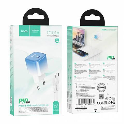 Зарядное устройство на Lightning Hoco C101A PD20W + QC3.0 (ice blue)