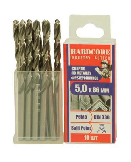 Сверло по металлу фрез. Р6М5 5.0х86мм 10 шт/уп "Hardcore" Industry cutter