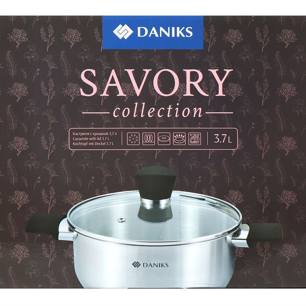 Кастрюля нерж, 3.7 л, с крыш, крышка стекло, Daniks, Savory, SD-A95-22, серебр, индукц