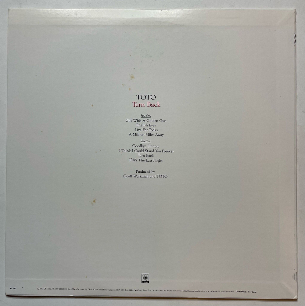 Винтажная виниловая пластинка LP Toto Turn Back (Japan 1981) (No Obi)
