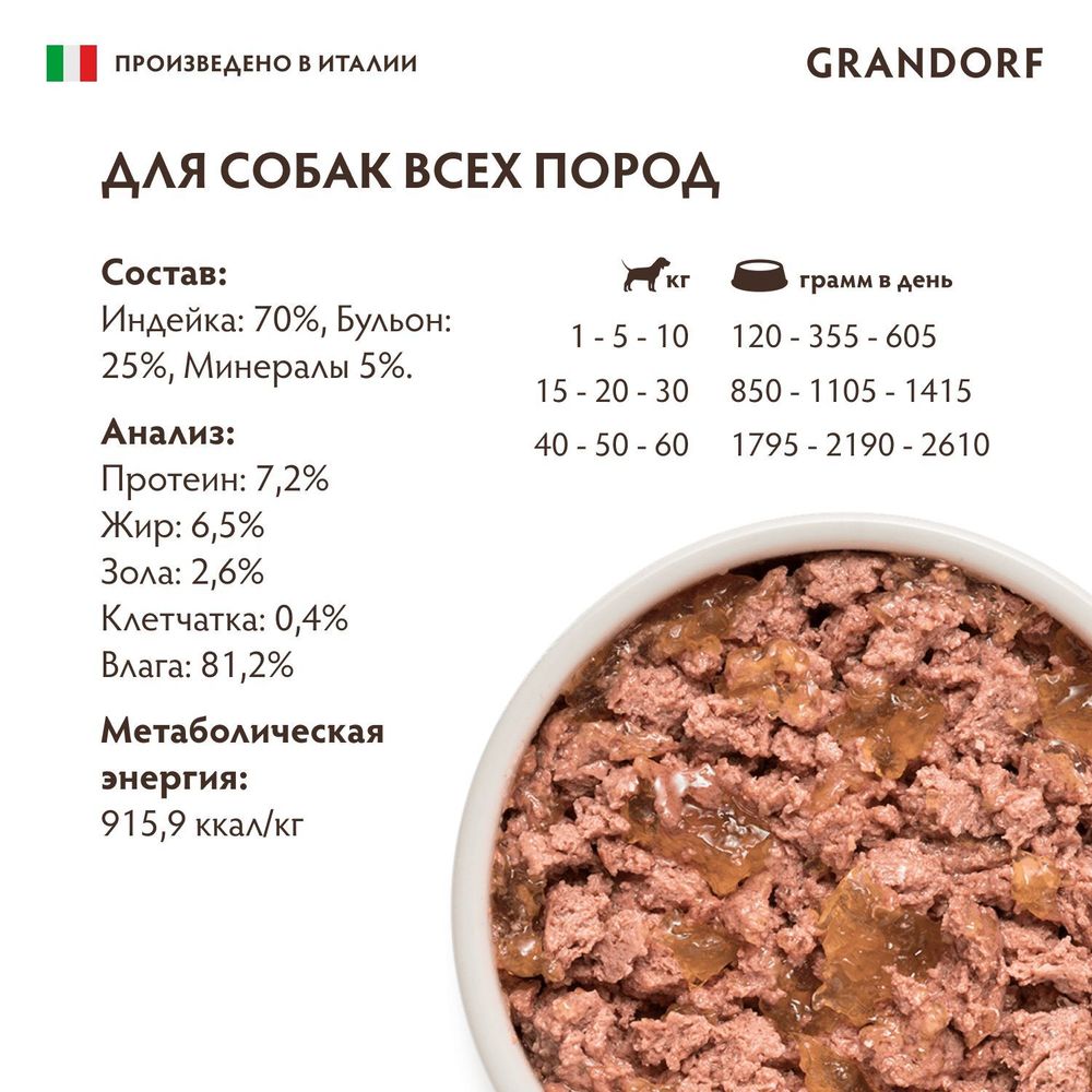 Консервы GRANDORF Dog Turkey для собак, паштет из индейки