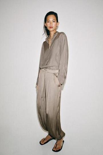 ZARA АТЛАСНЫЕ БРЮКИ-БАЛЛОНЫ — ZW COLLECTION, СЕРО-КОРИЧНЕВЫЙ