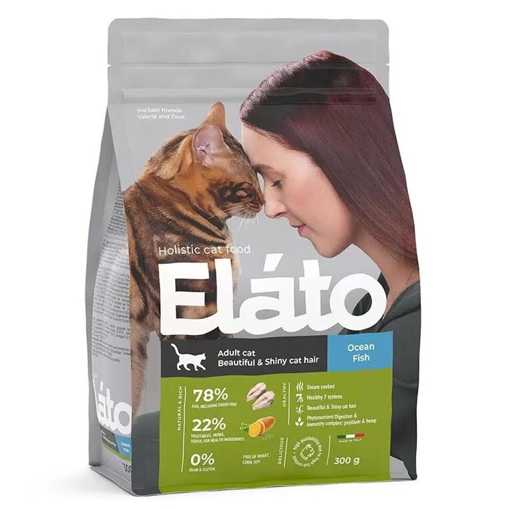 Сухой корм Elato Holistic для кошек с рыбой для красивой и блестящей шерсти - 0,3 кг
