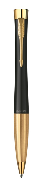 Шариковая ручка Parker Urban (матовый черный лак) Muted Black Gold Finish Trim, стержень: M, цвет чернил: blue, в подарочной упаковке.