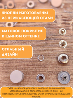 Набор кнопок для одежды и кожи Альфа 15 мм с люверсами 5 мм и фиксаторами для резинки в едином оттенке металлические