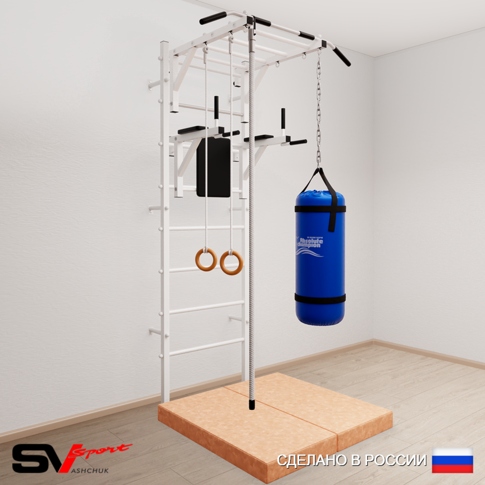 Шведская стенка Sv Sport усиленная 6445 (Турник рукоход/Брусья/Канат/Кольца/Цепь/Мешок 15кг/Мат 1м)