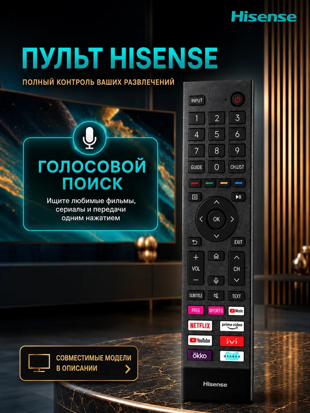 Оригинальный беспроводной Bluetooth-пульт дистанционного управления с голосовым вводом и микрофоном для LCD Smart TV телевизоров Hisense, HUAYU, ClickPdu PDU21445 (ERF3E80H, 21445, HBT026, HBT032, ERF3E80H-deezer, ERF3A80, ERF3B80H, EN3A70, RM-L1736)