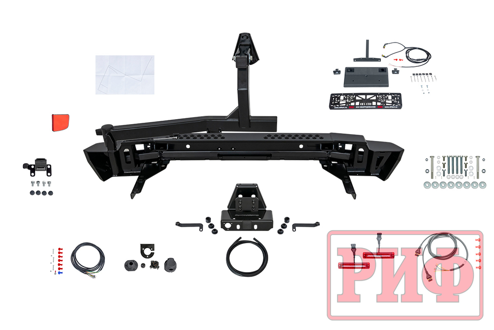 Бампер силовой задний Toyota Land Cruiser 200 2012-2015 с квадратом под фаркоп, калиткой, фонарями, подсветкой номера, стандарт РИФ