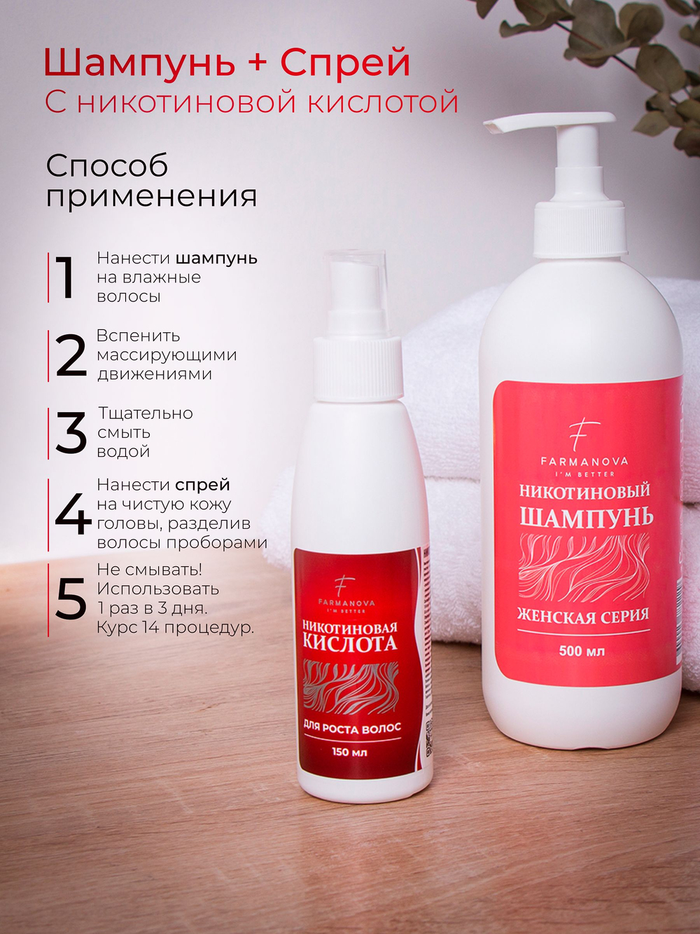 Набор 2 в 1 для женщин - Никотиновый шампунь 500 мл, никотиновая кислота 150 мл