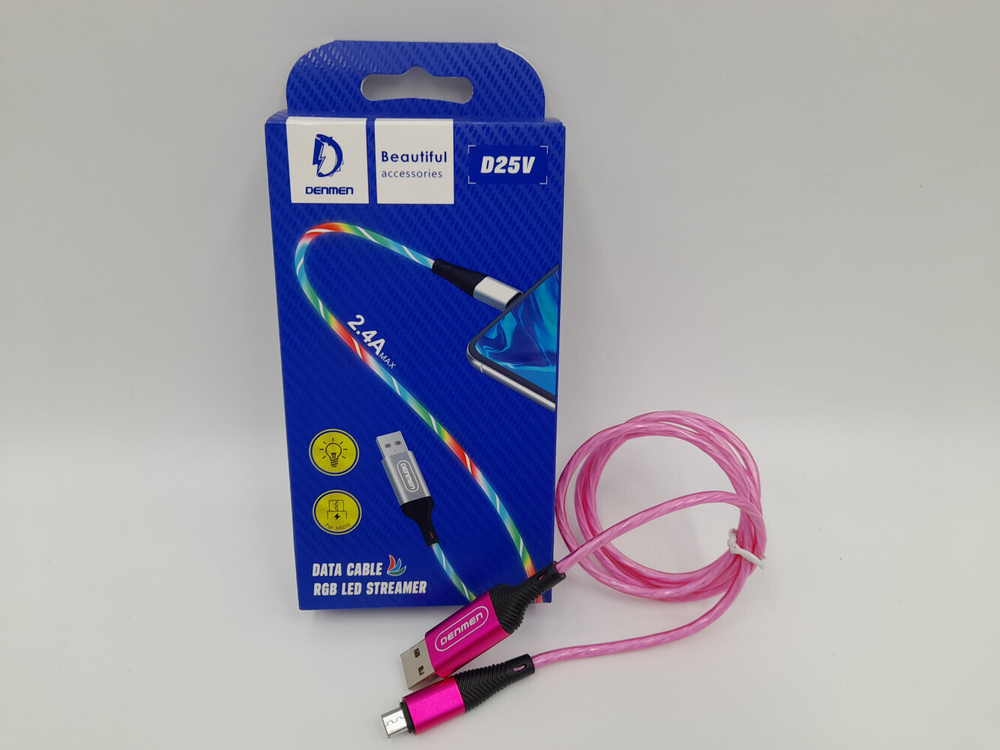 Кабель DENMEN D25V USB-microUSB 2.4A 1м светящийся PVC Green