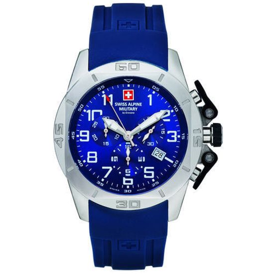 С ремешком Мужские наручные часы с синим силиконовым ремешком Swiss Alpine Military 7063.9835 chrono 45mm 10ATM