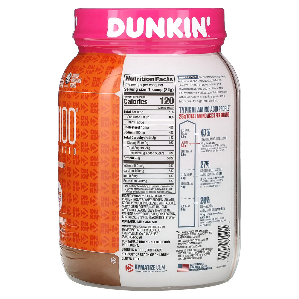 Dymatize, ISO100®, гидролизованный, 100% изолят сывороточного протеина Dunkin', мокко латте, 650 г (1,4 фунта)