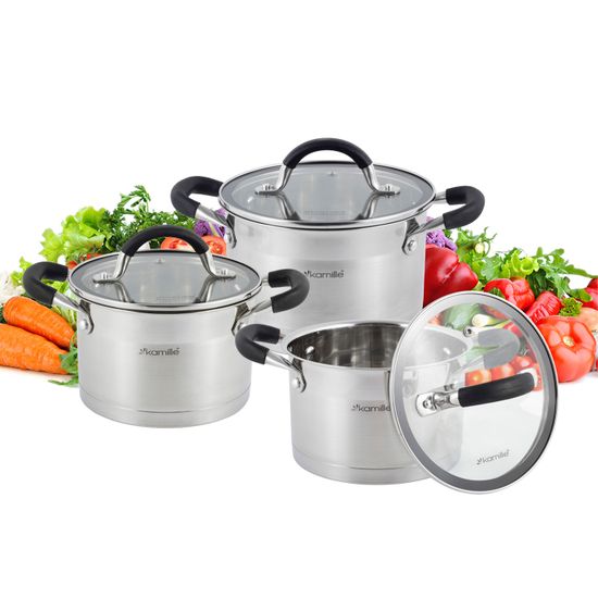 Набор кастрюль 6 предметов из нержавеющей стали Kamille KM 5752 (2,0 л; 2,7 л; 3,7 л) с силиконовыми вставками на ручках