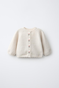 ZARA КАРДИГАН С ВЫШИТЫМИ ЦВЕТАМИ, СВЕТЛО-БЕЖЕВЫЙ
