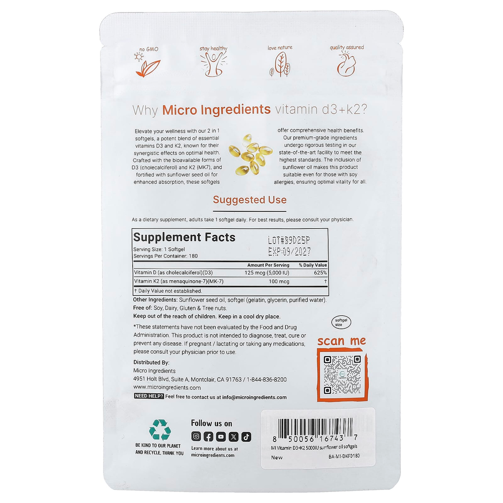 Micro Ingredients, витамины D3 и К2, 180 капсул