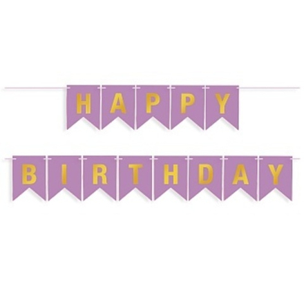 Гирлянда Флажки, Happy Birthday, Светло-сиреневый/Золото, Металлик, 500 см, 16*12 см.