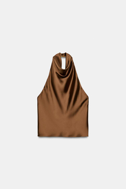 ZARA АТЛАСНЫЙ ТОП С ГОРЛОВИНОЙ ХАЛТЕР, КАРАМЕЛЬНЫЙ