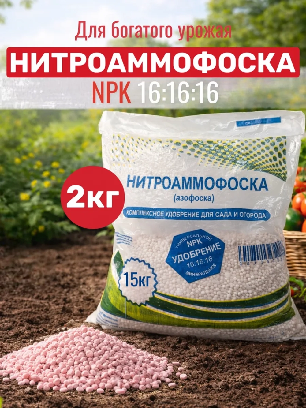 НИТРОАММОФОСКА Азофоска, 2кг, Удобрение для сада и огорода.
