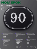Номерок на дверь квартиры 90, для кабинета, офиса, шильдик 9 х 7 см, черный, Айдентика Технолоджи