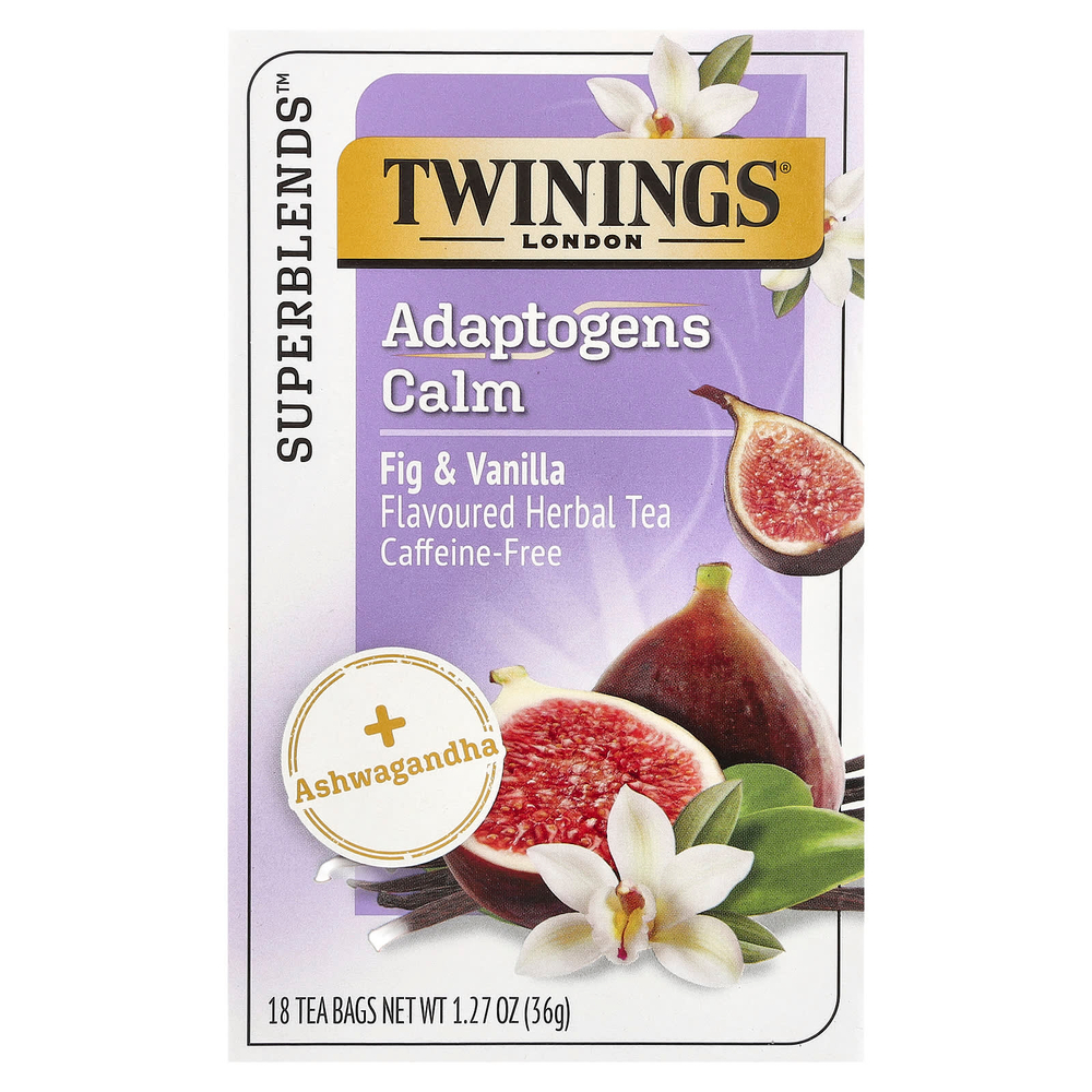 Twinings, Superblends ™, травяной чай с адаптогенами, инжир и ваниль, без кофеина, 18 чайных пакетиков, 36 г (1,27 унции)