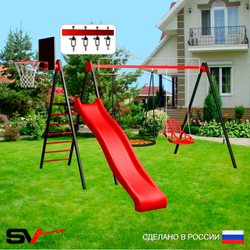 Уличные качели Sv Sport с горкой УК193.2КВ2 (3.7м/Щит баскет/Гнездо 115см/Со спинкой/Подвесы на втулке 2к)