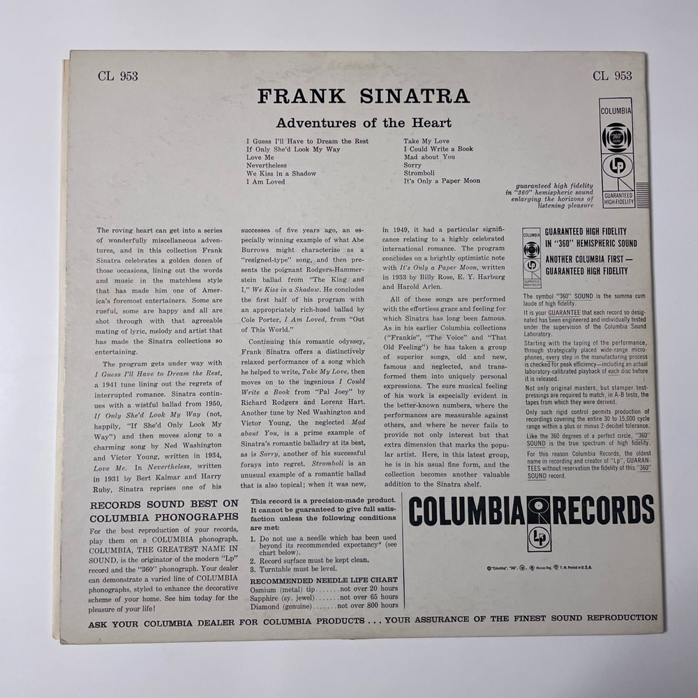 Винтажная виниловая пластинка LP Frank Sinatra, Adventures Of The Heart (США 1957) 6 Глазая Columbia