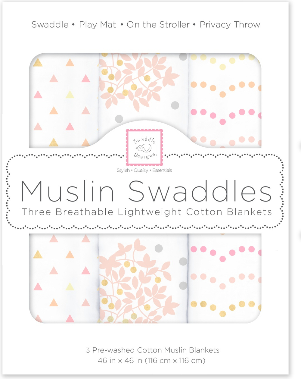 SwaddleDesigns SDM-181P Набор пеленок муслин 3 шт. - Heavenly Floral Pinks with Touch of Gold Shimmer