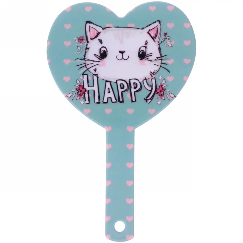 Зеркало косметическое с ручкой «Cute look - Котик Люк», сердце, 14*23,5 см (карт коробка)