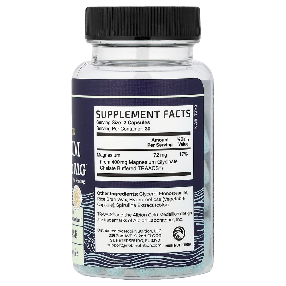 Nobi Nutrition, глицинат магния, максимальное усвоение, 60 капсул (200 мг в 1 капсуле)