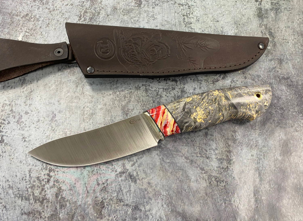 Нож Кайман, Bohler S390, мельхиор, зуб мамонта, кап клена