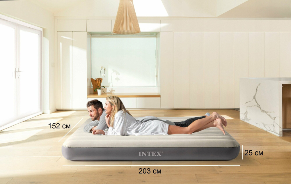 Мaтрас нaдувной Intex 64144 Pillow Rest King 183х203х25 см / Крoвать нaдувная Интeкс двухспальная велюровая королевского размера со встроенным подголовником
