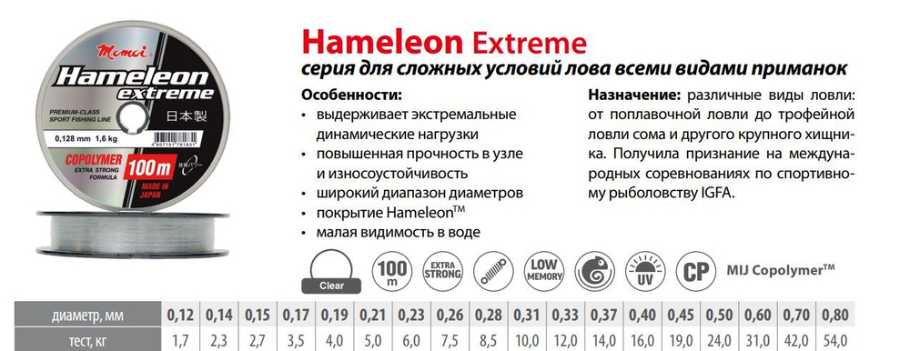 Монофильная леска рыболовная Hameleon Extreme 0,31 мм 1 шт.