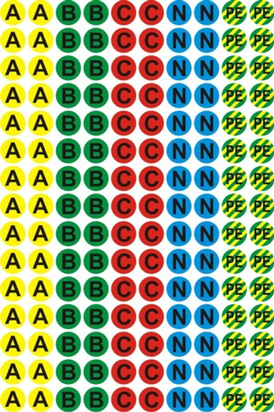Наклейки-маркеры электрических  шин "A, B, C, N, PE" 150 шт., 2 см.