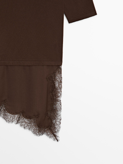 Massimo Dutti Платье с контрастной отделкой кружевом, коричневый