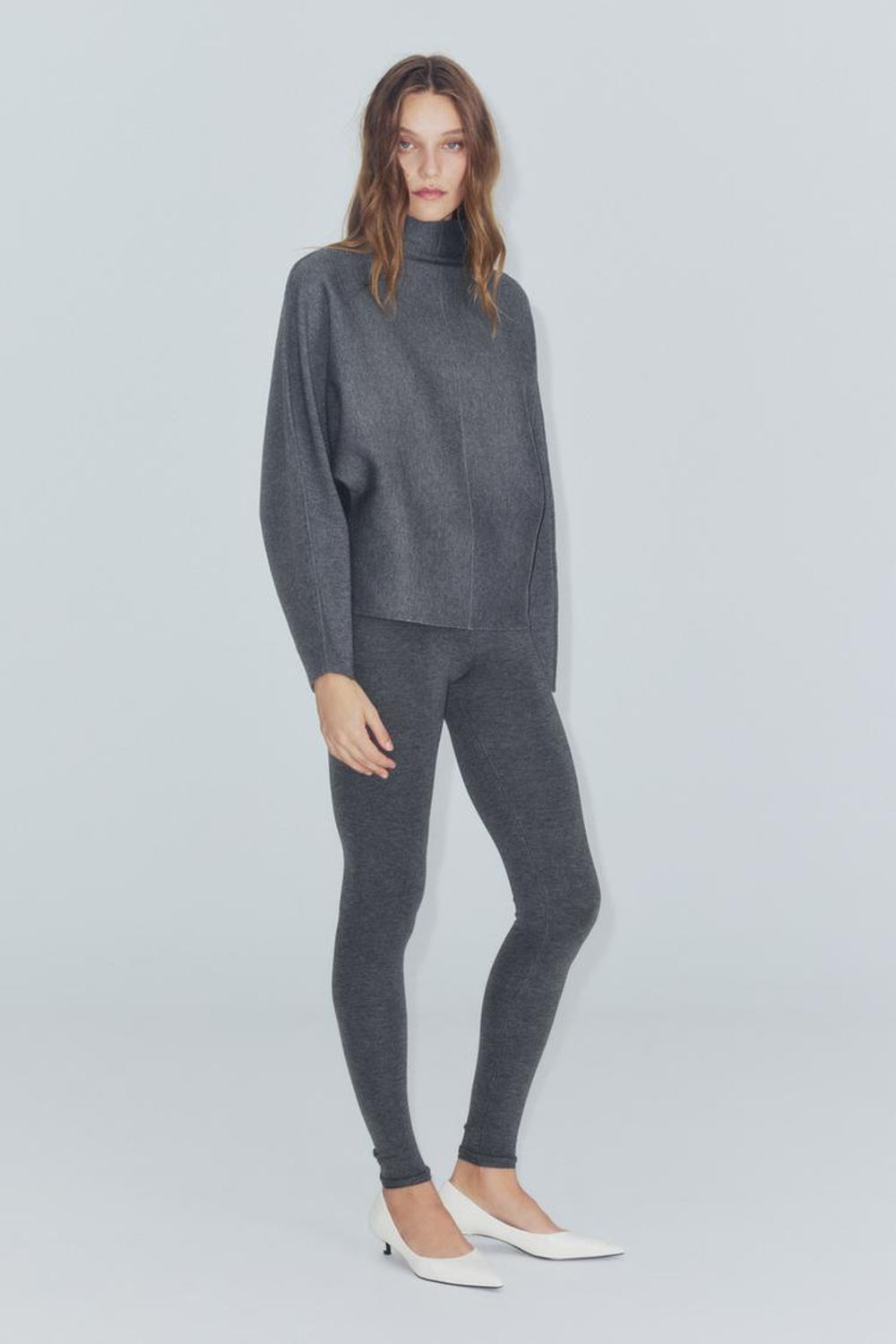 ZARA ТРИКОТАЖНЫЙ СВИТЕР С ВОРОТНИКОМ-СТОЙКОЙ, СЕРЫЙ МЕЛАНЖ