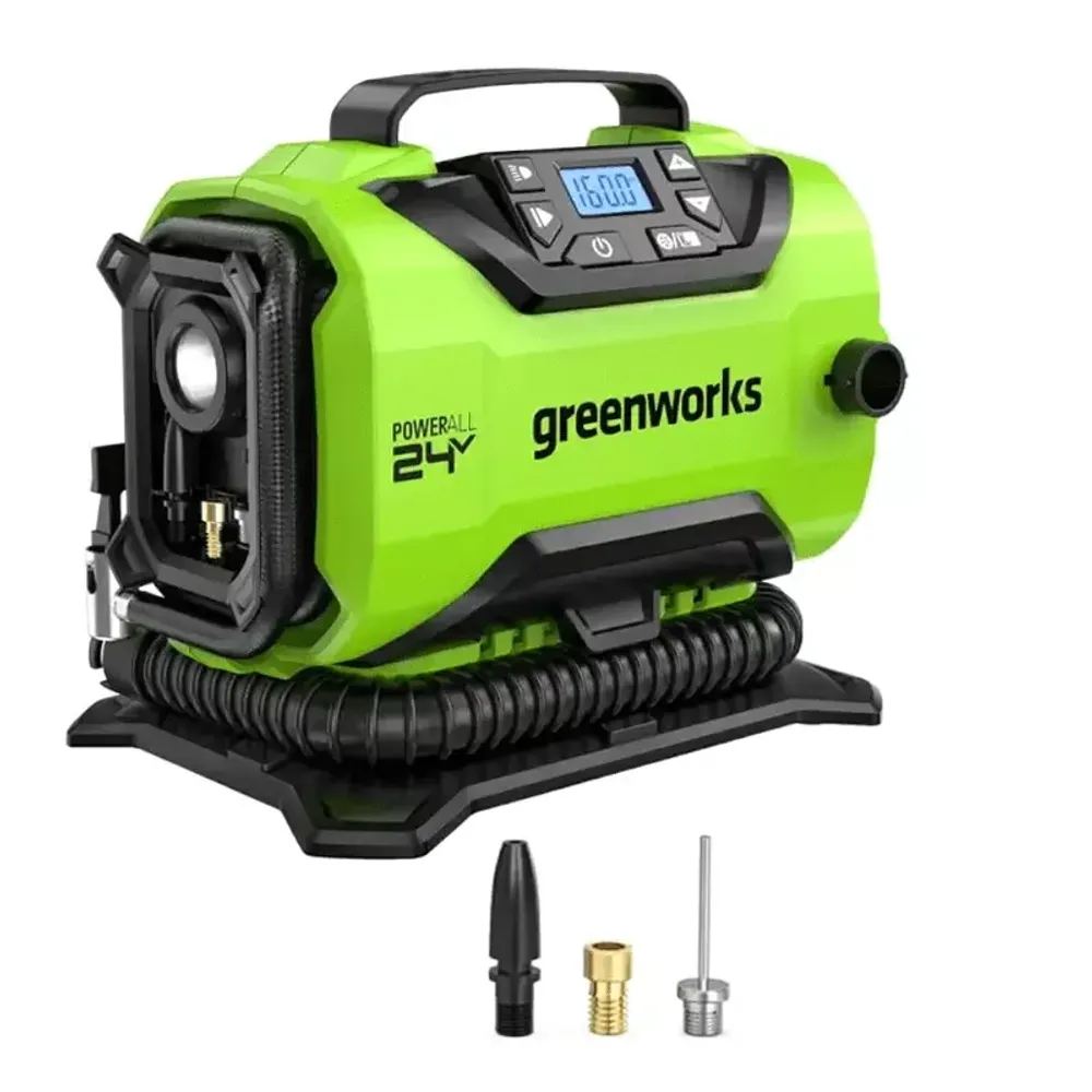 Компрессор автомобильный аккумуляторный Greenworks Арт. 3400807, 24V / 12V (от прикуривателя автомобиля), без АКБ и ЗУ в сумке
