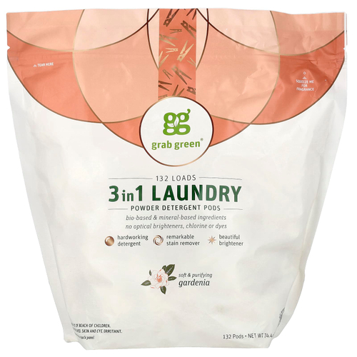 Grab Green, капсулы для стирки 3 в 1, гардения, 132 загрузки, 2,1 кг (74,4 унции)
