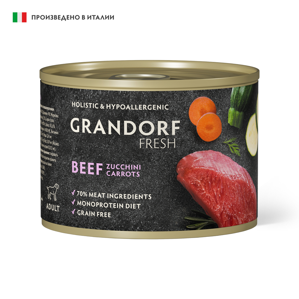 Монопротеиновый влажный корм GRANDORF FRESH для собак всех пород из говядины с цукини и морковью 200г