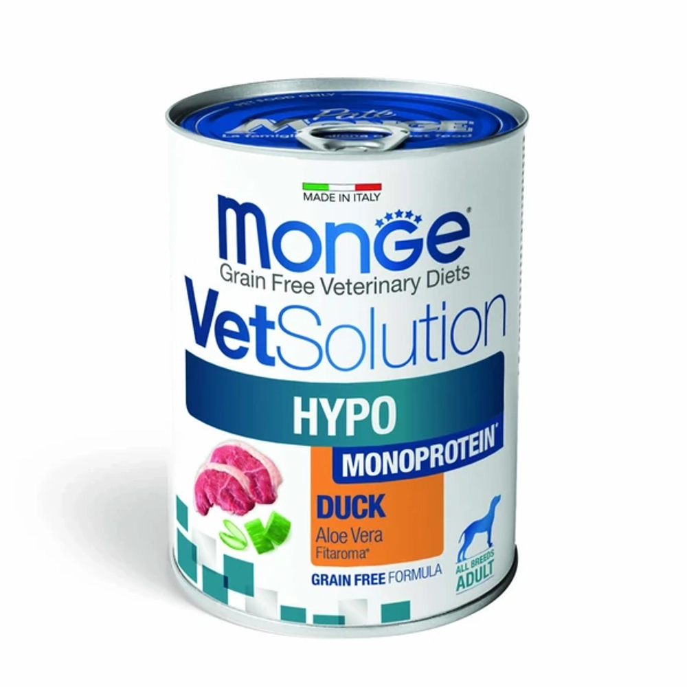 Влажный корм диетический Monge VetSolution Dog Hypo Monoprotein DUCK Гипо монопротеин с уткой для собак для снижения реакции пищевой непереносимости 400гр
