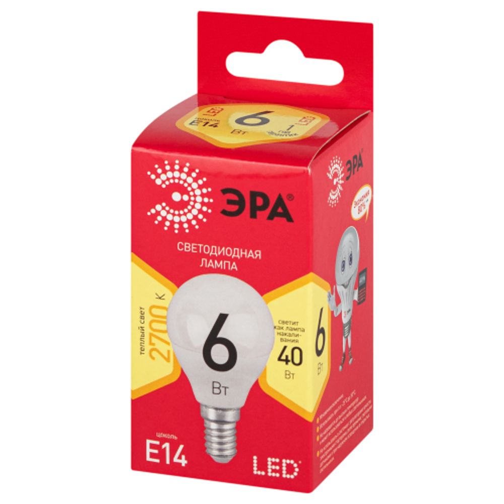 Лампа светодиодная ЭРА RED LINE LED P45-6W-827-E14 R 6Вт шар теплый белый свет E14 | Лампы cветодиодные Шар (G/P)