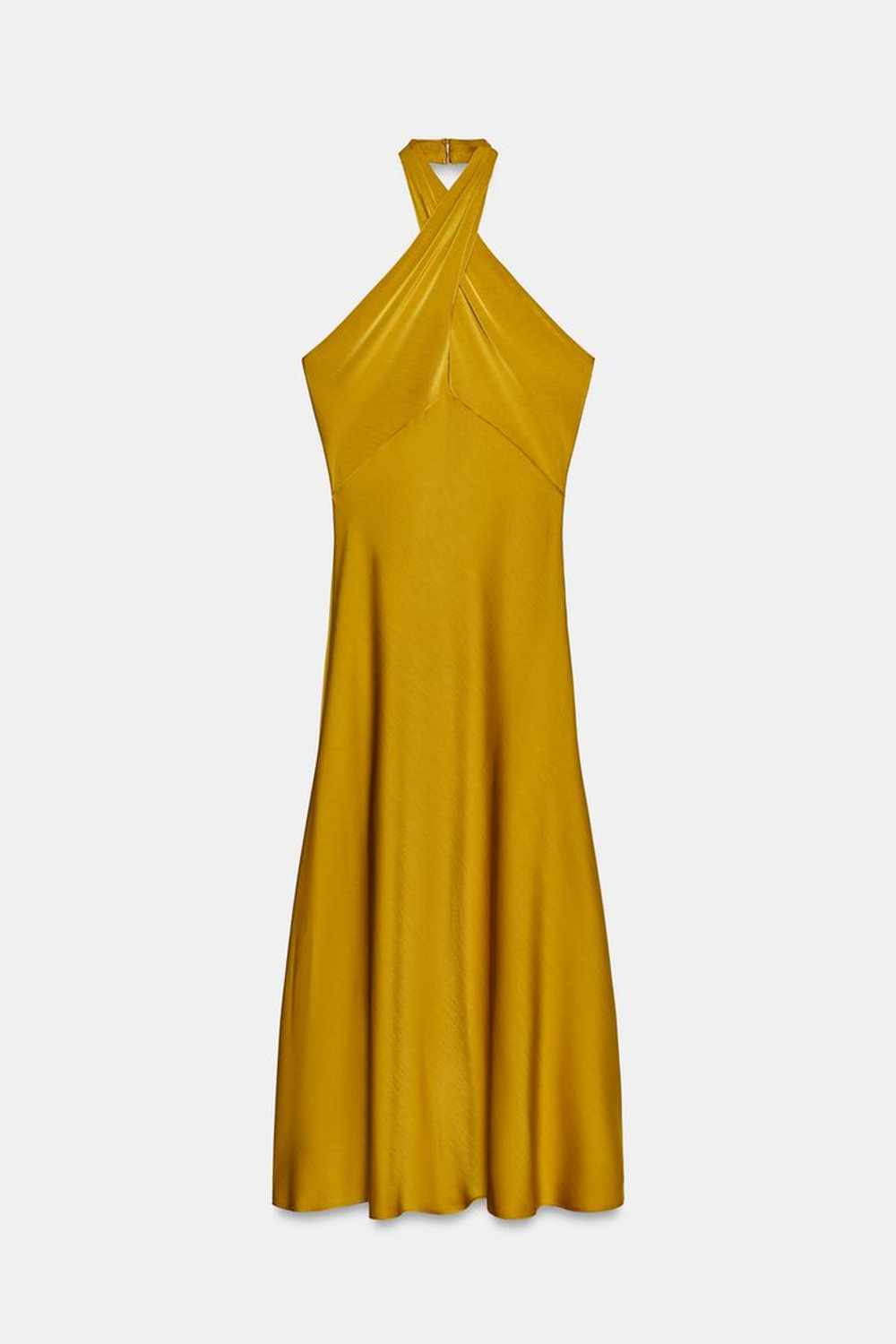 ZARA АТЛАСНОЕ ПЛАТЬЕ МИДИ ХАЛТЕР, ГОРЧИЧНЫЙ