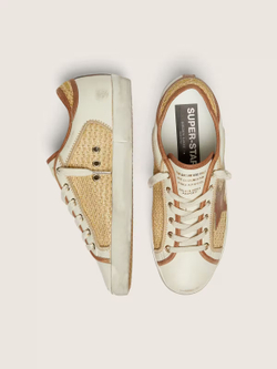 Super Star in white leather and raffia with brick-red star and inserts