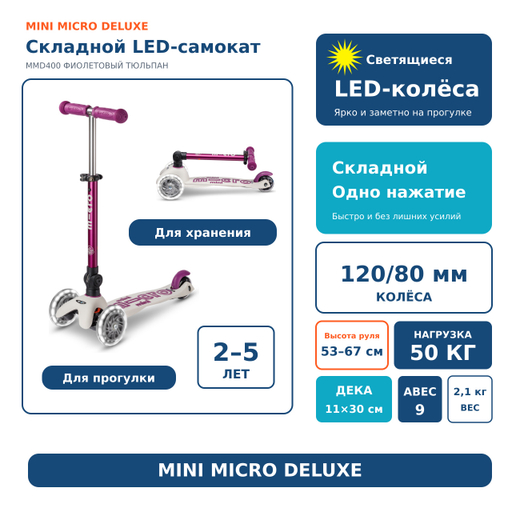 Самокат Mini Micro Deluxe складной ECO LED, фиолетовый
