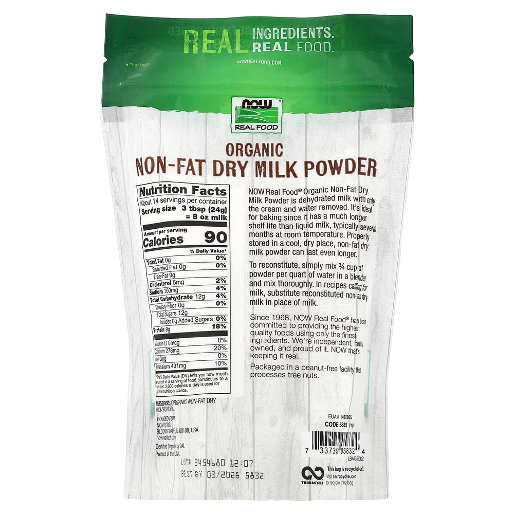 NOW Foods, Real Food, органическое обезжиренное сухое молоко 340 г (12 унций)