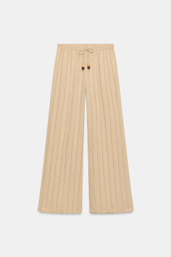 ZARA ШИРОКИЕ БРЮКИ В ПОЛОСКУ С ЭЛАСТИЧНЫМ ПОЯСОМ, ПЕСОЧНЫЙ