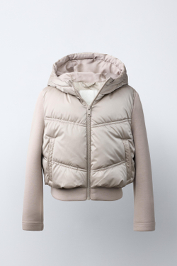 ZARA КОМБИНИРОВАННАЯ СТЕГАНАЯ КУРТКА С КАПЮШОНОМ, КАВА